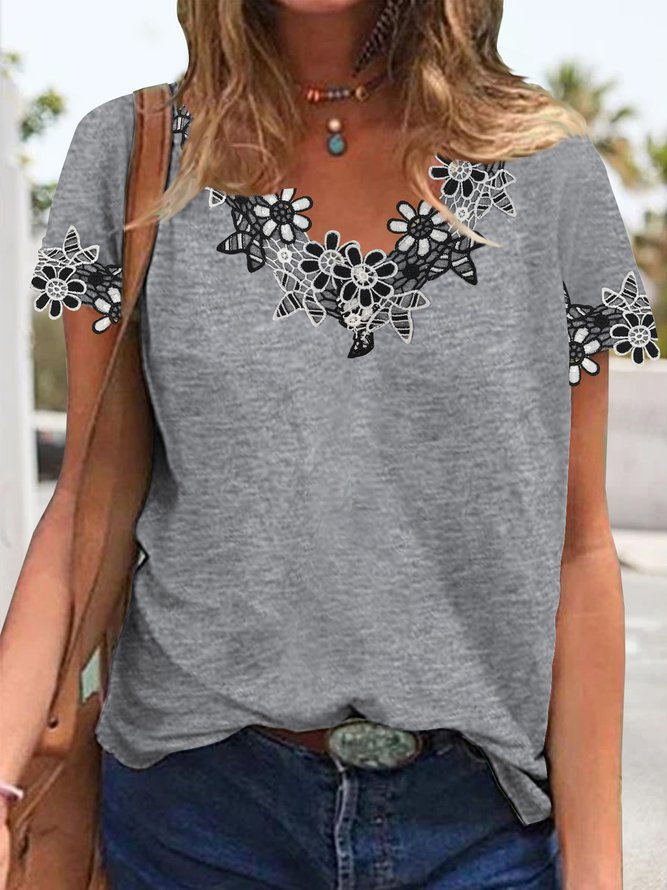 Plain simple flower lace top T-shirt plus size