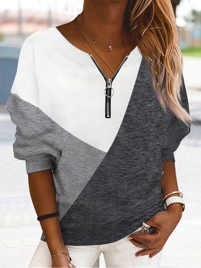 Crew Neck Plain Color Block Zipper Loose Hoodie & Sweatshirt