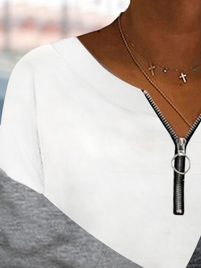 Crew Neck Plain Color Block Zipper Loose Hoodie & Sweatshirt