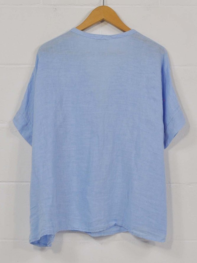 Casual V Neck Button Cotton Loose Blue Short Sleeve Tunic Top