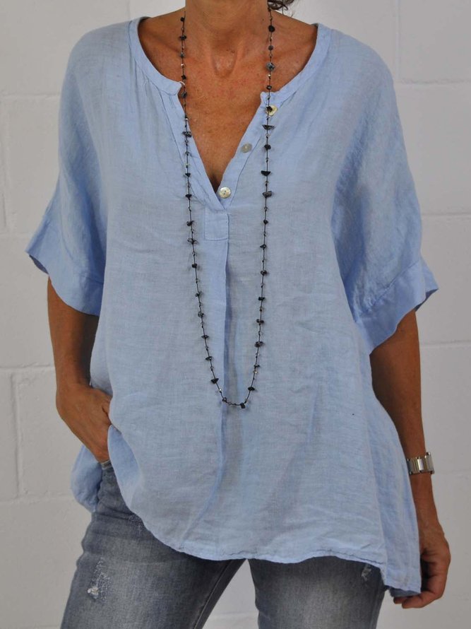 Casual V Neck Button Cotton Loose Blue Short Sleeve Tunic Top