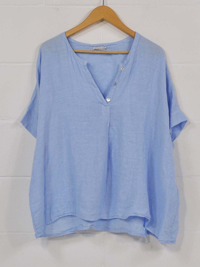 Casual V Neck Button Cotton Loose Blue Short Sleeve Tunic Top