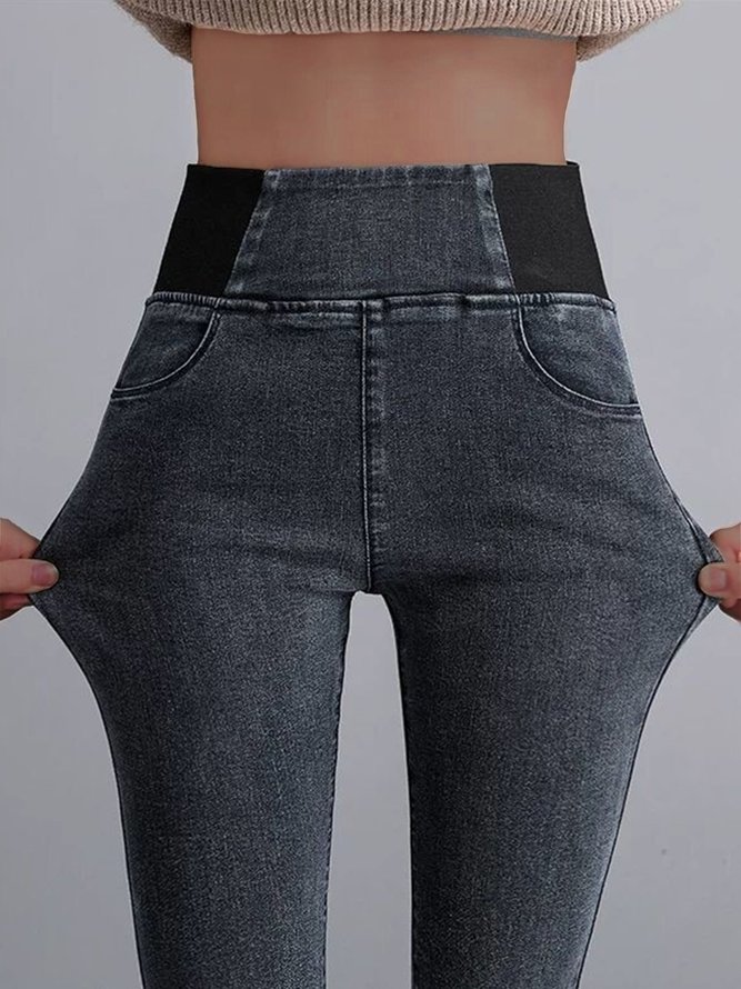 Women Casual Plain Autumn High Waist High Elasticity Daily Loose Plain Pocket Denim Jeans