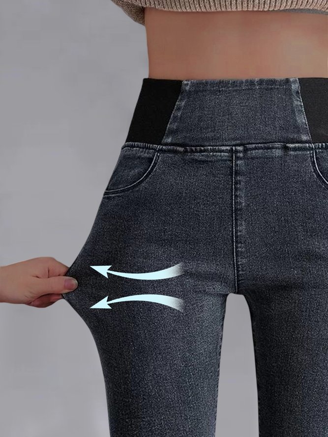 Women Casual Plain Autumn High Waist High Elasticity Daily Loose Plain Pocket Denim Jeans