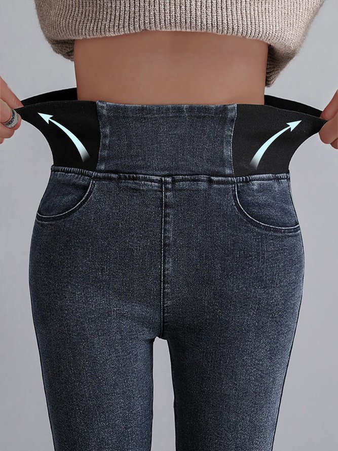 Women Casual Plain Autumn High Waist High Elasticity Daily Loose Plain Pocket Denim Jeans