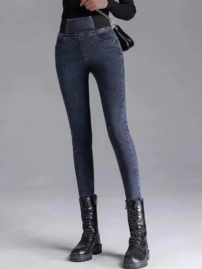 Women Casual Plain Autumn High Waist High Elasticity Daily Loose Plain Pocket Denim Jeans