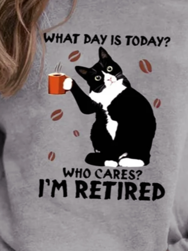 Women Cartoon Cat&Letter Print Casual Loose Sweatshirt