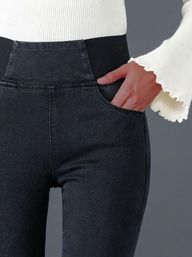 Women Casual Plain Autumn High Waist High Elasticity Daily Loose Plain Pocket Denim Jeans