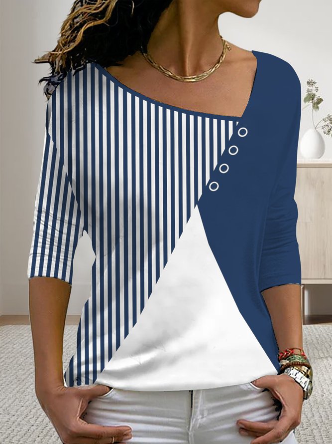 Plain color block stripe loose button top T-shirt