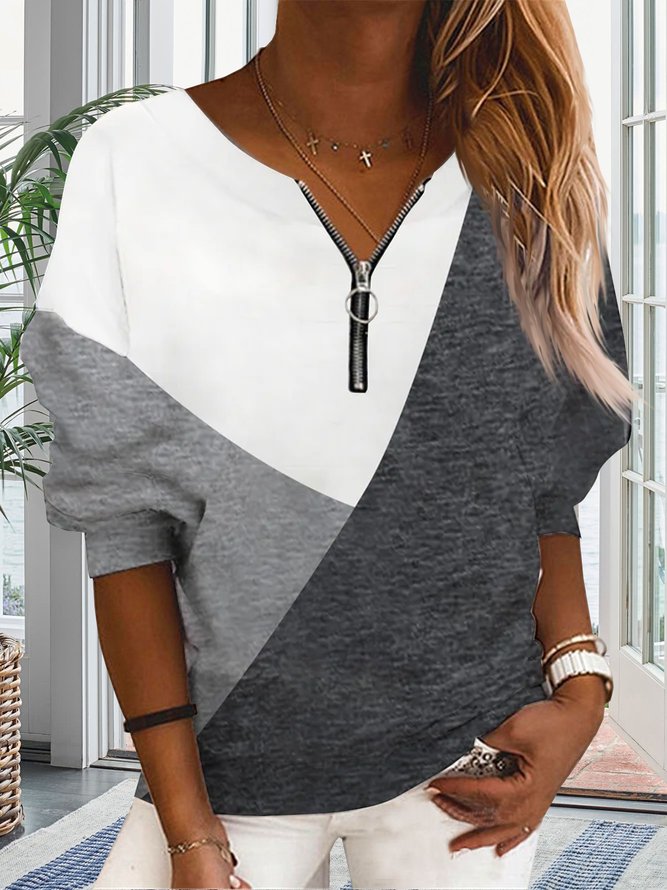Crew Neck Plain Color Block Zipper Loose Hoodie & Sweatshirt