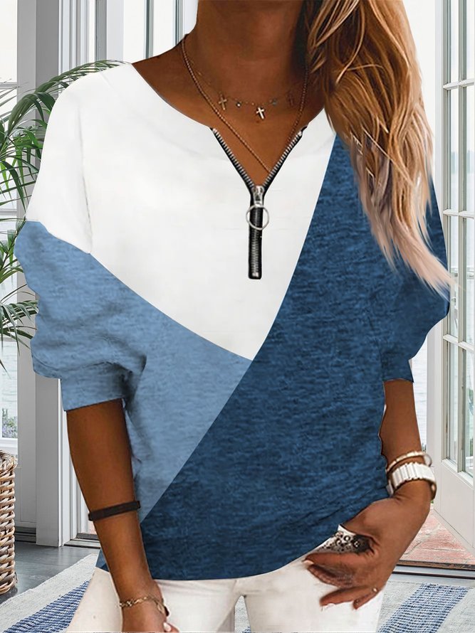 Crew Neck Plain Color Block Zipper Loose Hoodie & Sweatshirt