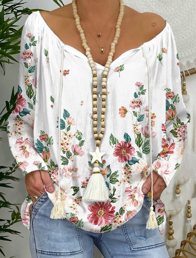 Printing Floral Casual Crew Neck Top