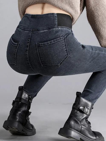 Women Casual Plain Autumn High Waist High Elasticity Daily Loose Plain Pocket Denim Jeans