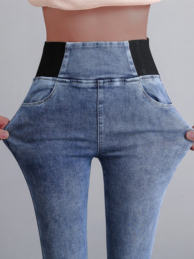 Women Casual Plain Autumn High Waist High Elasticity Daily Loose Plain Pocket Denim Jeans