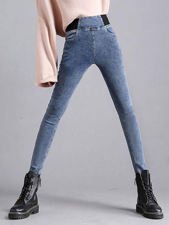 Women Casual Plain Autumn High Waist High Elasticity Daily Loose Plain Pocket Denim Jeans