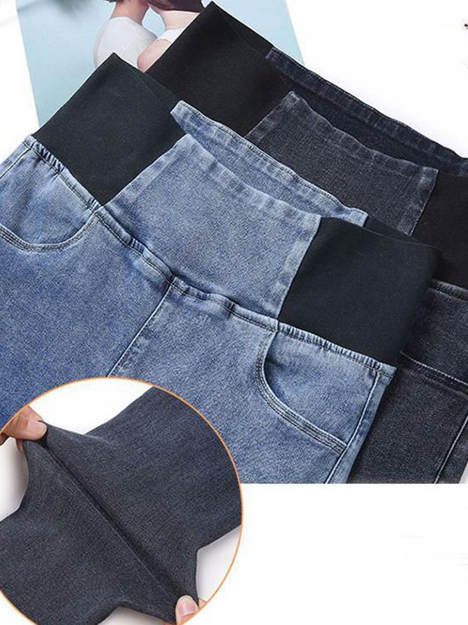 Women Casual Plain Autumn High Waist High Elasticity Daily Loose Plain Pocket Denim Jeans