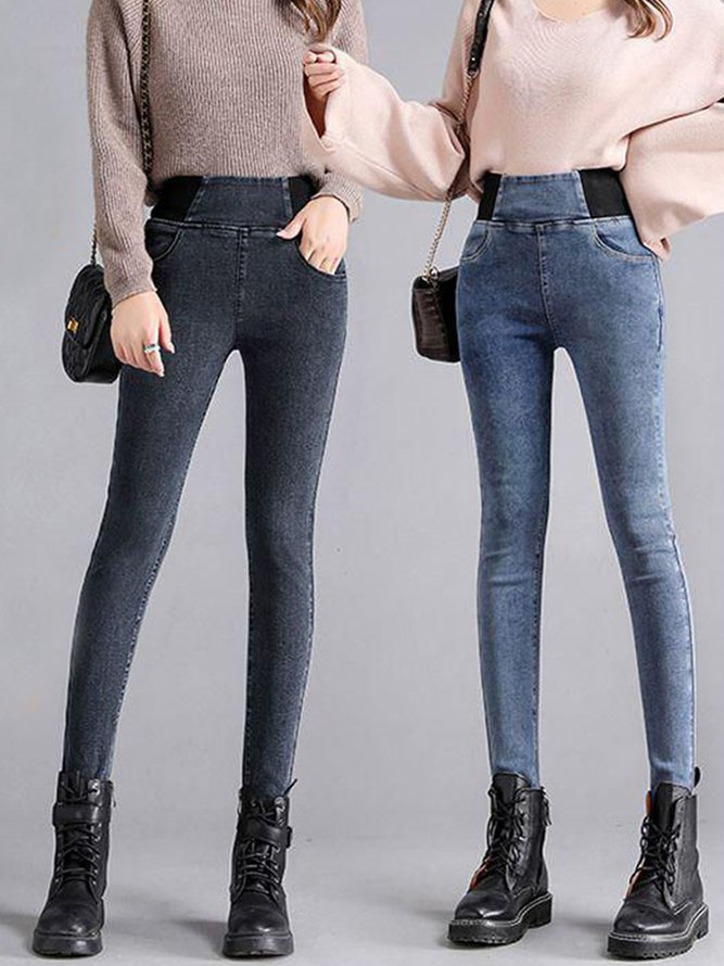Women Casual Plain Autumn High Waist High Elasticity Daily Loose Plain Pocket Denim Jeans