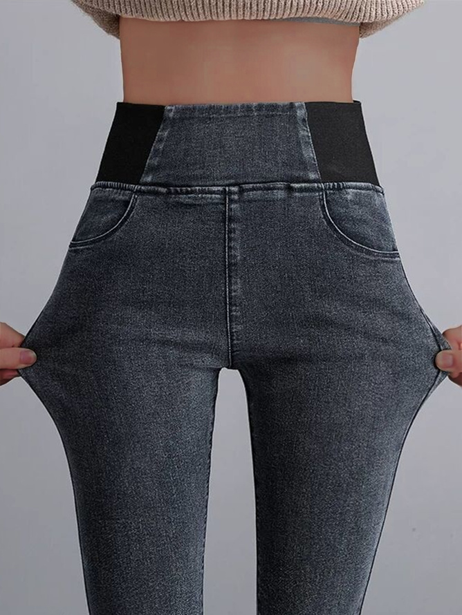 High Waist  Warmth Plain Denim Casual  Tight Jeans