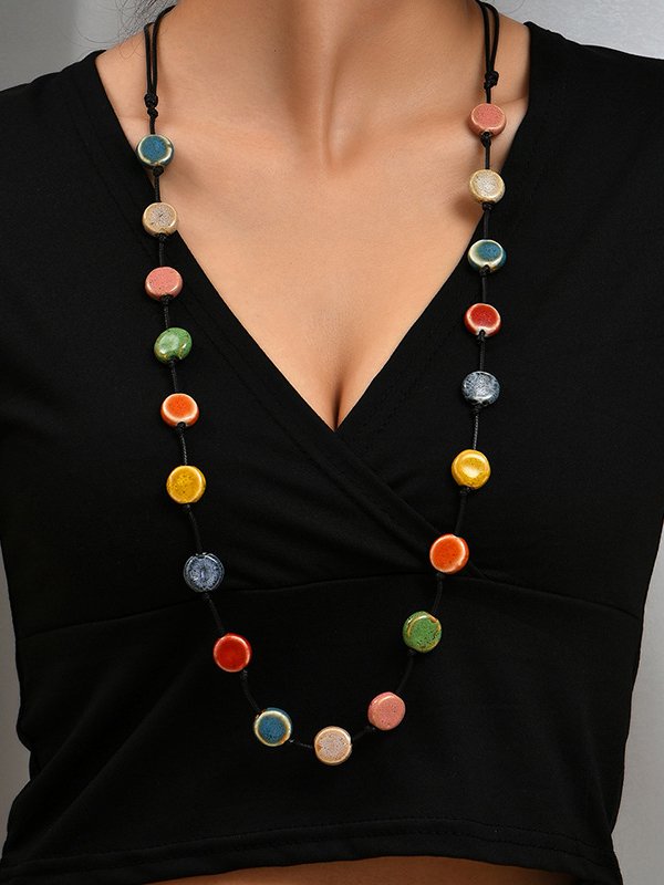Vintage Ethnic Ceramic Gradient Flat Bead Long Necklace Sweater Chain Dress Necklace