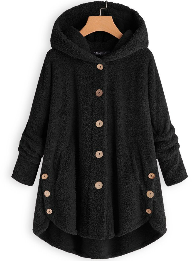 Cozy Long Sleeve Fleece Hooded Fuzzy Asymmetrical Hem Button Teddy Bear Coat