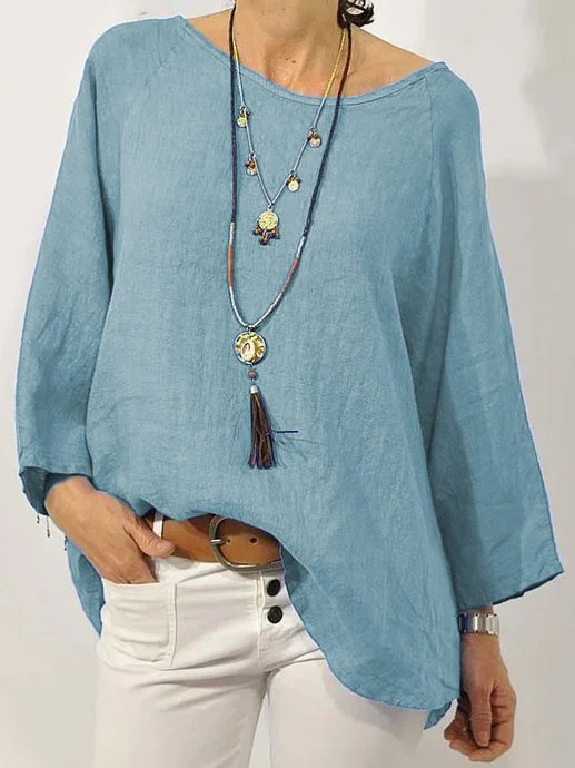 Women Plain Loose Casual Crew Neck Long sleeve Cotton and Linen Tunic Top