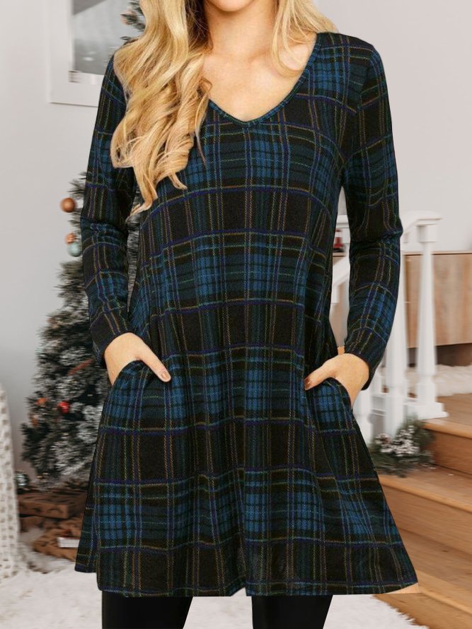 Women Christmas Plaid Print V-Neck Long Sleeve Dress with Pockets