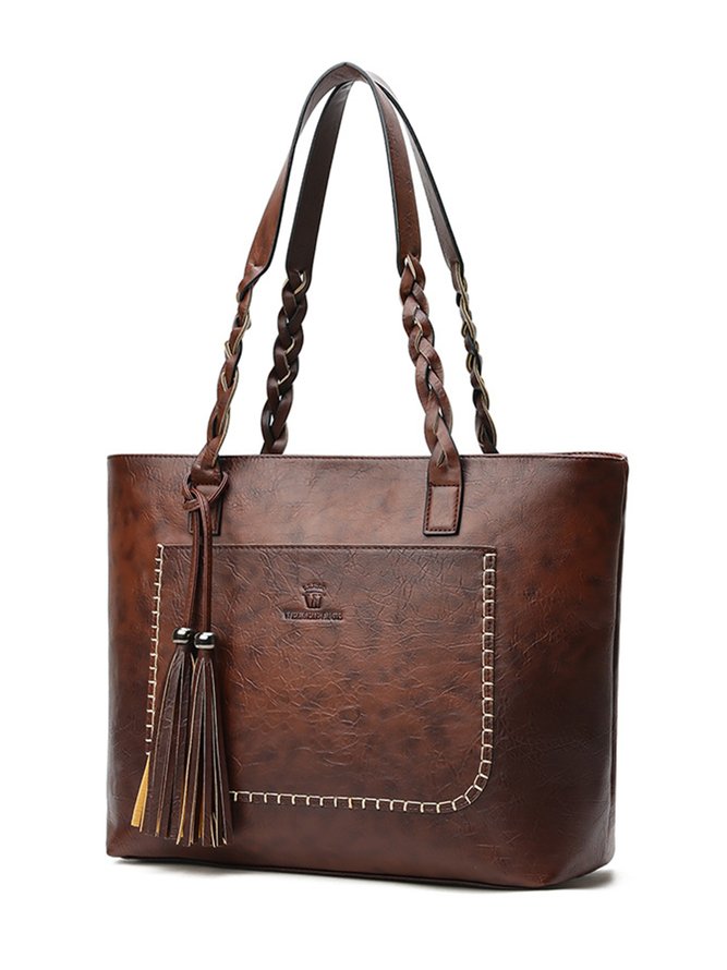 Vintage Oil Waxed Leather Fringe Zip Shoulder Bag Tote Bag