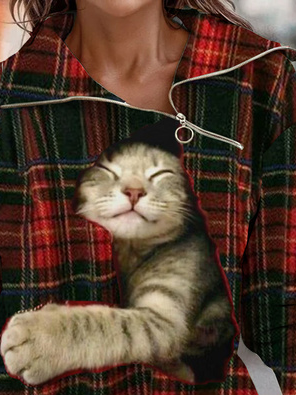 Asymmetrical Plaid Cat Loose Sweatshirt