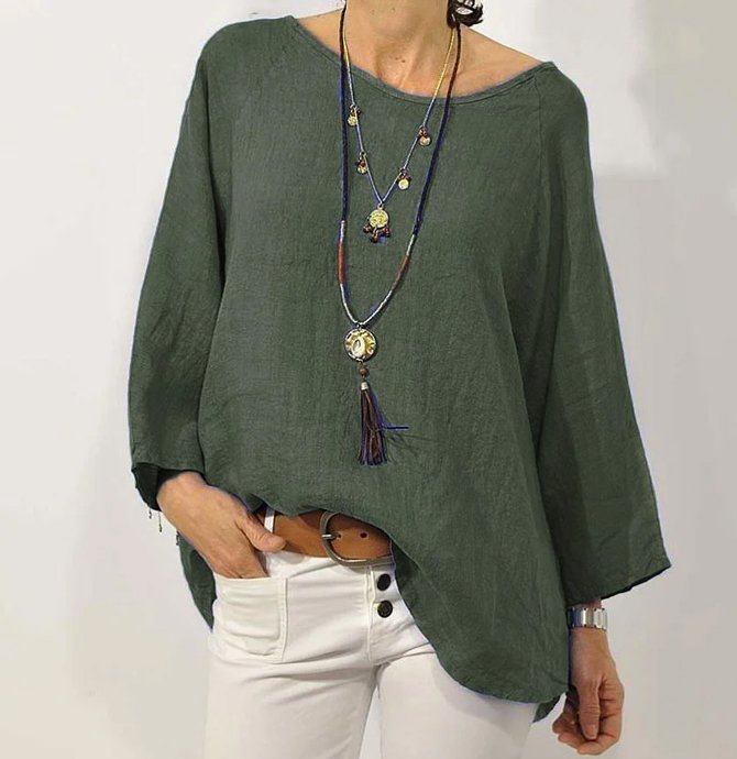 Women Plain Loose Casual Crew Neck Long sleeve Cotton and Linen Tunic Top