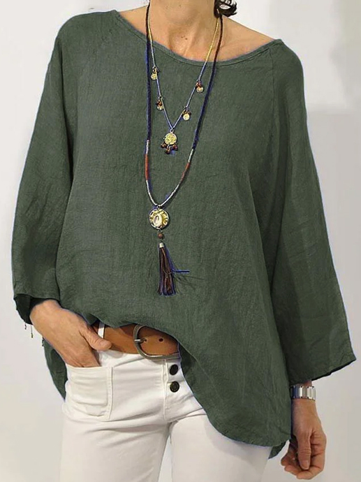 Women Plain Loose Casual Crew Neck Long sleeve Cotton and Linen Tunic Top