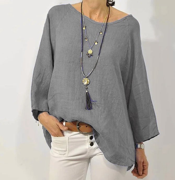 Women Plain Loose Casual Crew Neck Long sleeve Cotton and Linen Tunic Top