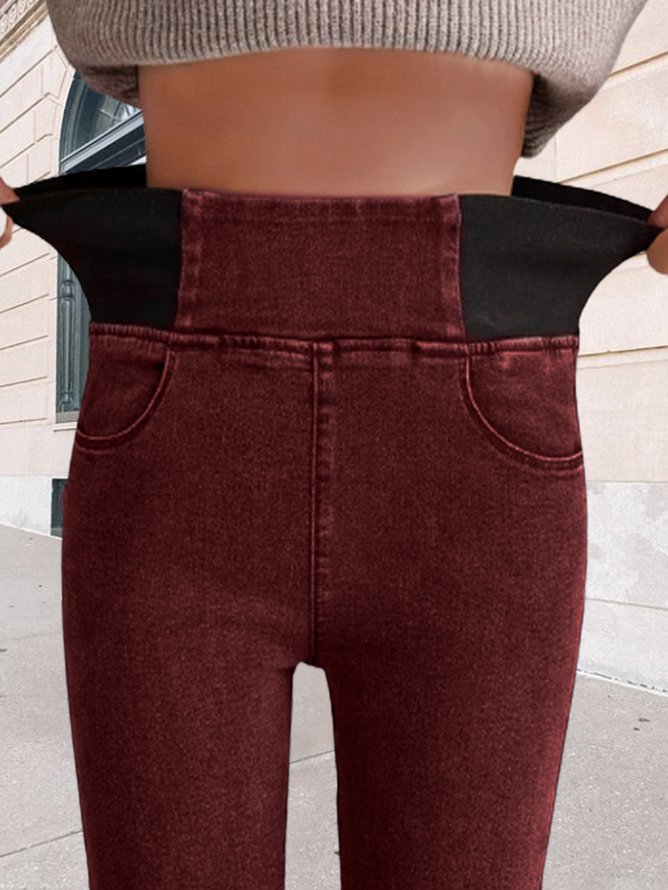 Women Casual Plain Autumn High Waist High Elasticity Daily Loose Plain Pocket Denim Jeans