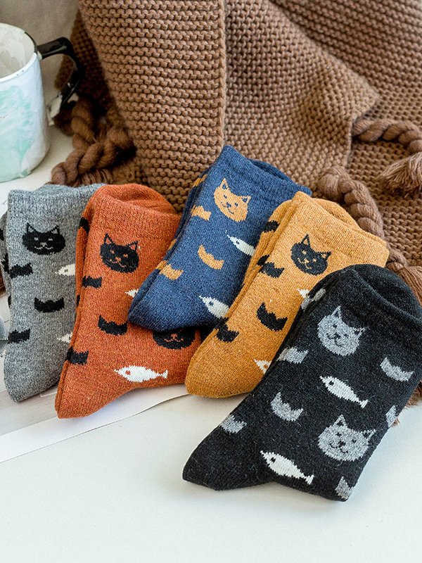 Cat Pattern Autumn Winter Warm Socks Random Color for Women (1 Pair)