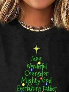 Women's T shirt Tee Black Christmas Tree Text Print Long Sleeve Christmas Crew Neck T-Shirt