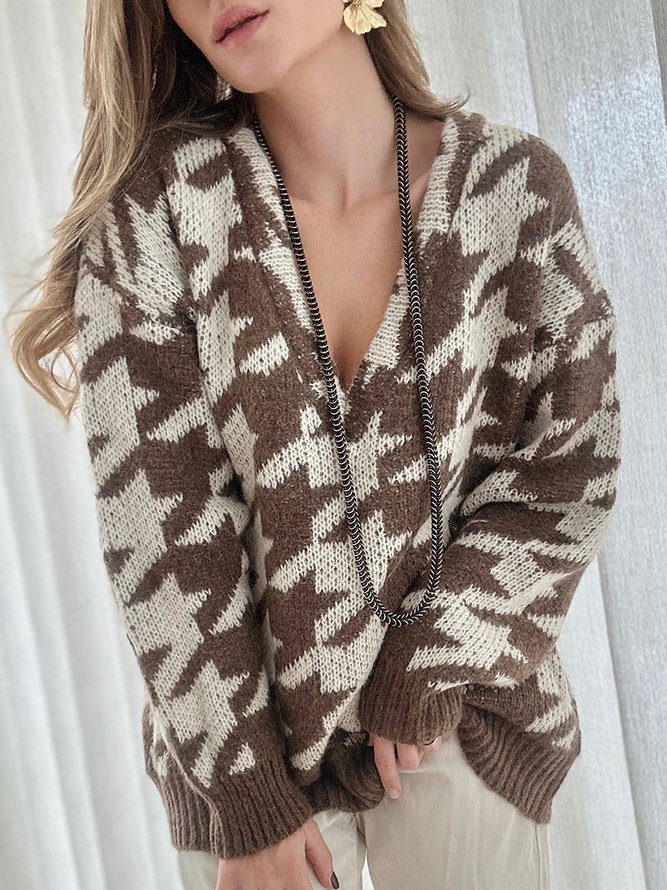 V Neck Casual Loose Houndstooth Sweater