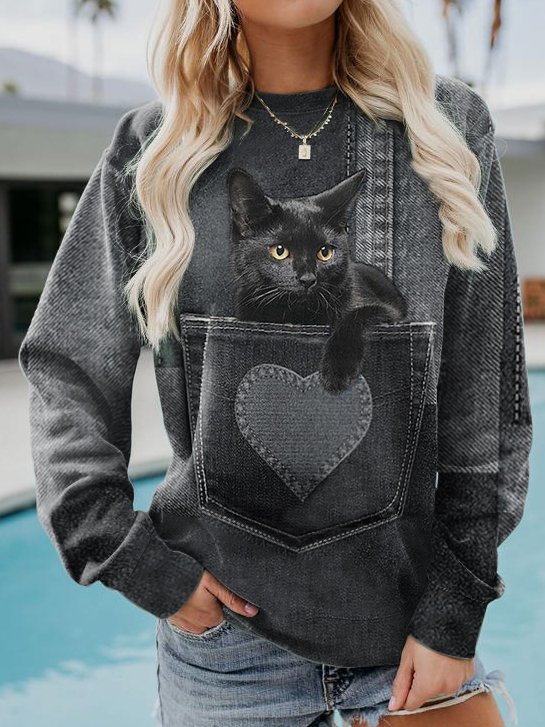 Loose Casual Cat Crew Neck Sweatshirt