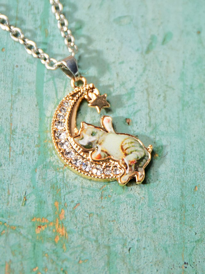 Casual Diamond Moon Kitten Necklace