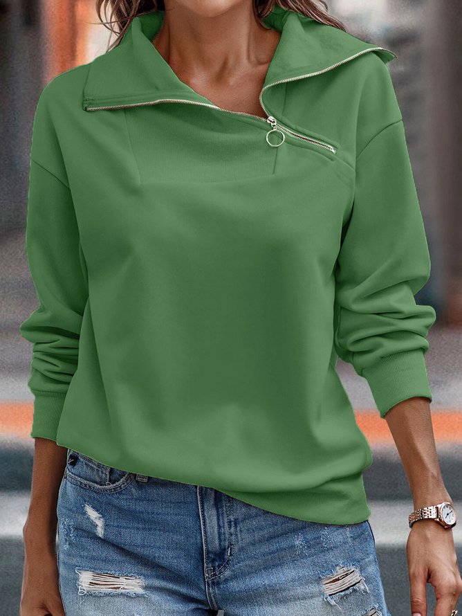 Women Casual Plain Autumn Zipper Daily Long sleeve Sweatshirt