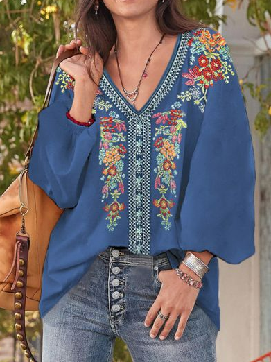Loose V Neck Floral Print Casual Top