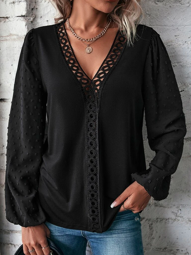 Lace Insert Lantern Sleeve  V Neck Casual Loose Top