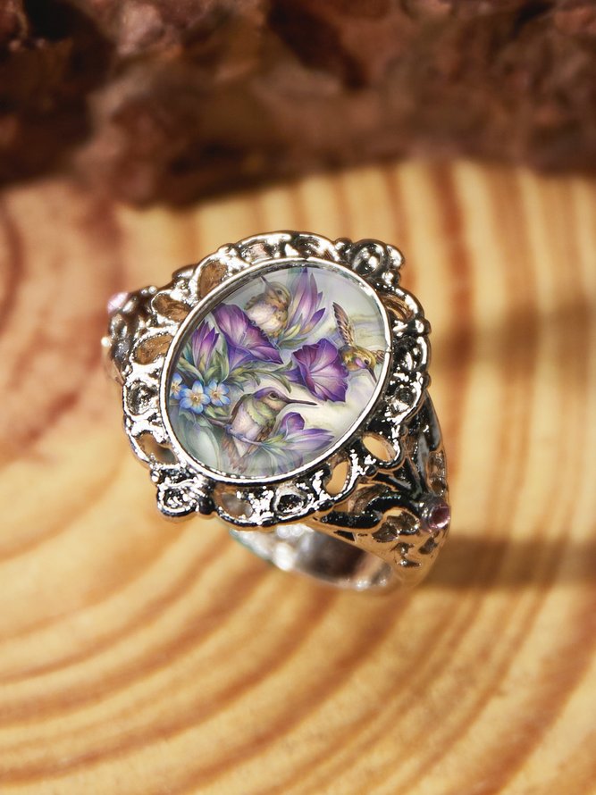 Vintage Hummingbird Floral Time Stone Ring Bohemian Ethnic Jewelry