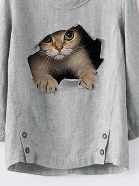 Crew Neck Casual Cotton And Linen Cat Top