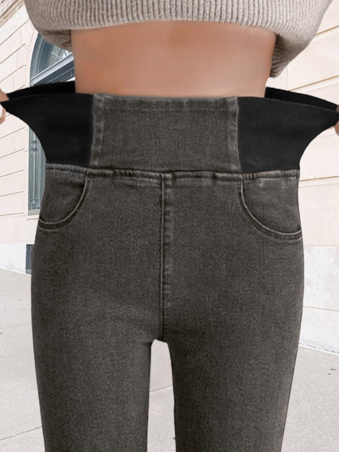 Women Casual Plain Autumn High Waist High Elasticity Daily Loose Plain Pocket Denim Jeans