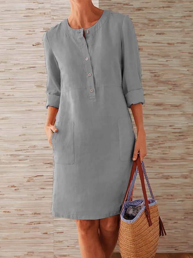 Women Plain Casual Buttoned Down Pockets Three Quarter Sleeve Linen Maxi Dress