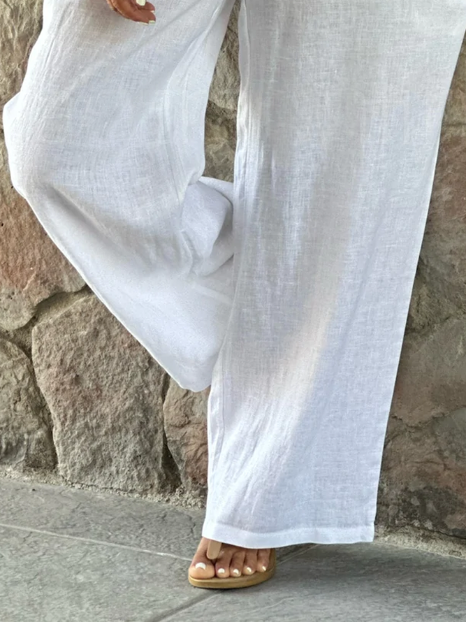 Loose Pockets Drawstring Wasit Casual White Linen Pants Wide Leg Pants