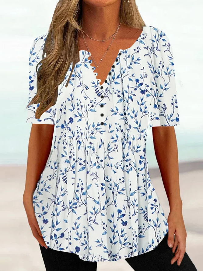 Women Casual Floral V Neck Button Summer Short sleeve Tunic