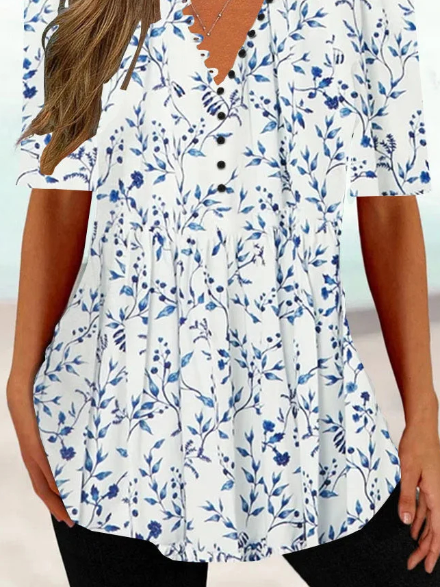 Women Casual Floral V Neck Button Summer Short sleeve Tunic