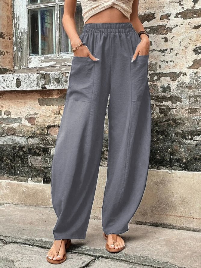 Women Casual Plain Casual Pocket High Waist Linen Pants