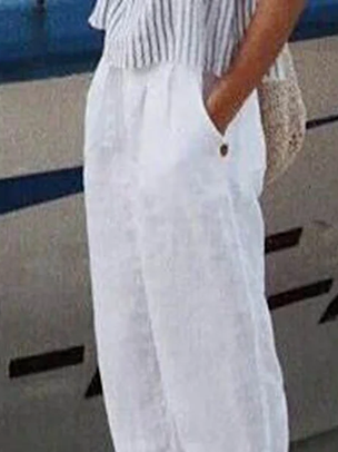 Loose Casual Plain Hollow Out Lace Pockets Elastic Waist Linen And Cotton Pants