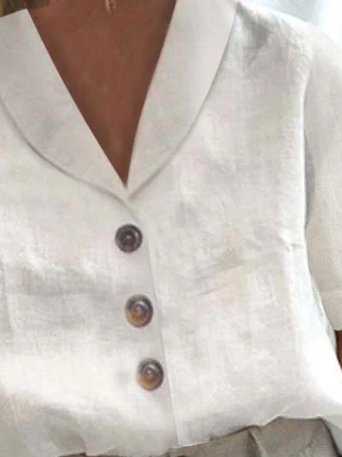Women Plain Elegant Button Down Collar Loose Short Sleeve Cotton Linen Blouse